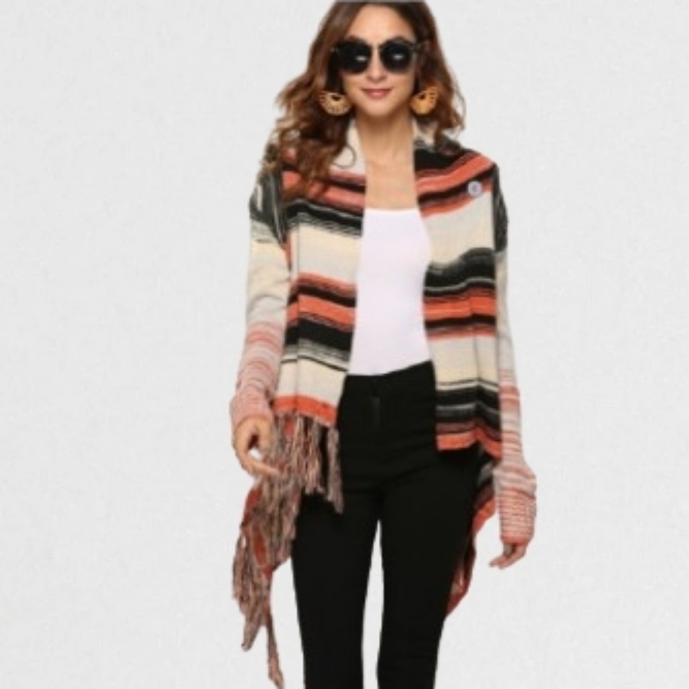 Wicked AF Manon Striped Multicolor Women's Tassel Hem Cardigan L - Picture 1 of 8
